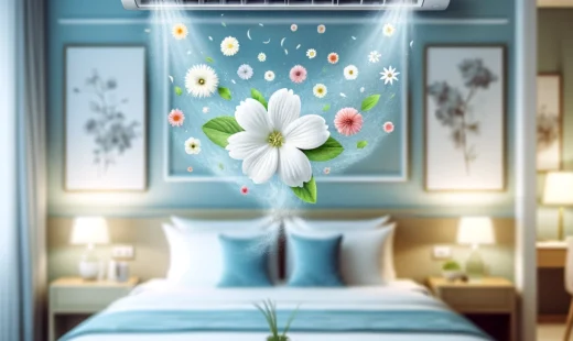 A meticulously clean hotel room with a focus on an air conditioning unit