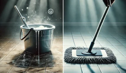 A split-screen illustration showing a problem and its solution during mopping