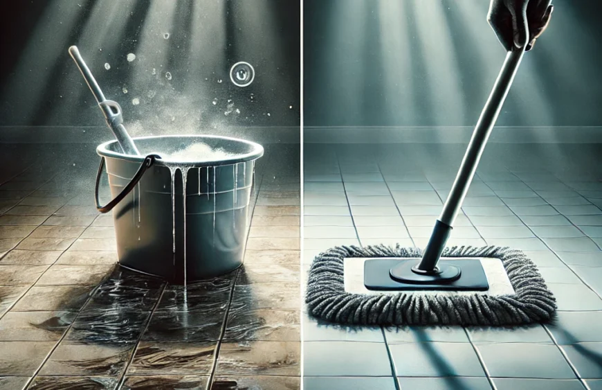 A split-screen illustration showing a problem and its solution during mopping