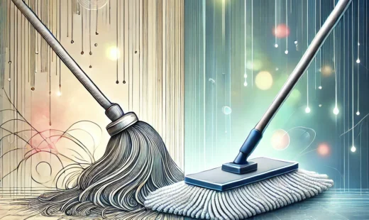 a classic string mop and a flat mop system working together in synergy